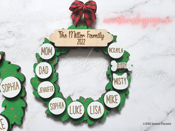 Personalized Family Christmas Ornaments, 2022 Wood Garland Wreath Ornament With Family Member Names, Custom Holiday Ornament