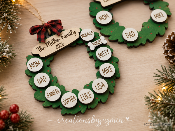 Personalized Family Christmas Ornaments, 2026 Wood Garland Wreath Ornament With Family Member Names, Custom Holiday Ornament