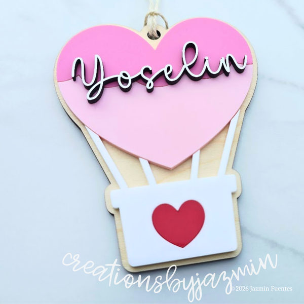 Valentine's Day Basket Tag, Personalized Name Gift Tag, Heart Air Balloon
