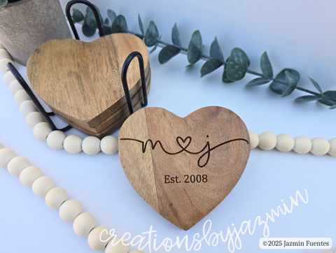 Personalized Wooden Heart Coasters, Couples Valentine's Day Gift, Set of 4 with Holder