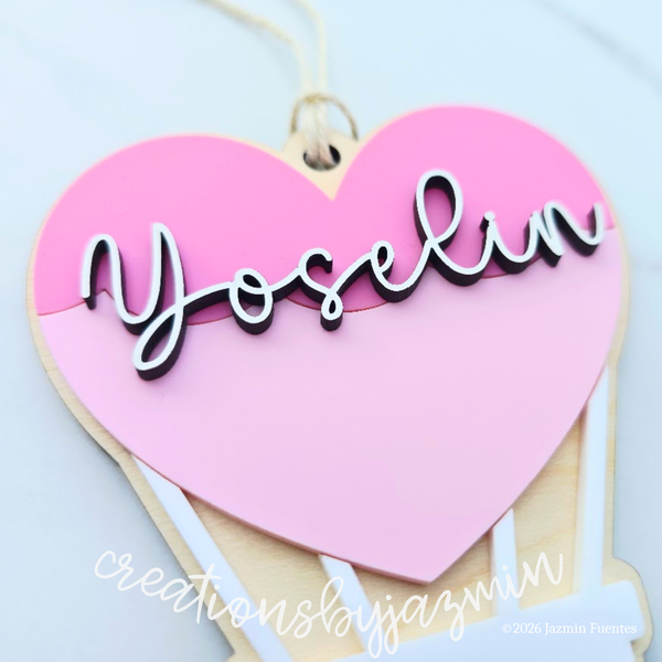 Valentine's Day Basket Tag, Personalized Name Gift Tag, Heart Air Balloon