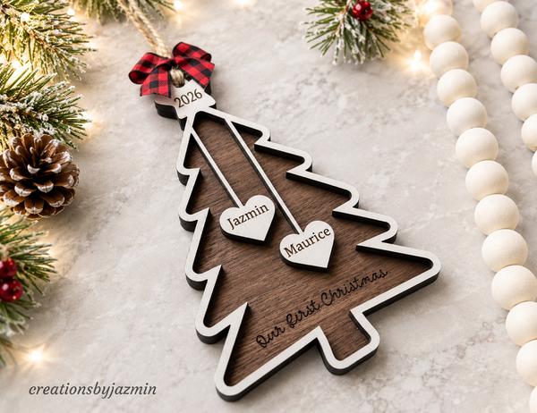 Our First Christmas Ornament 2026, Personalized Couples Tree Ornament, Holiday Wooden Ornament, With Names