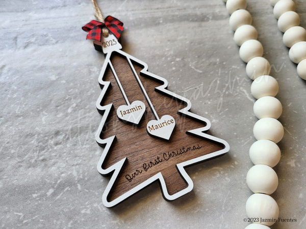 Our First Christmas Ornament 2023, Personalized Couples Tree Ornament, Holiday Wooden Ornament, With Names