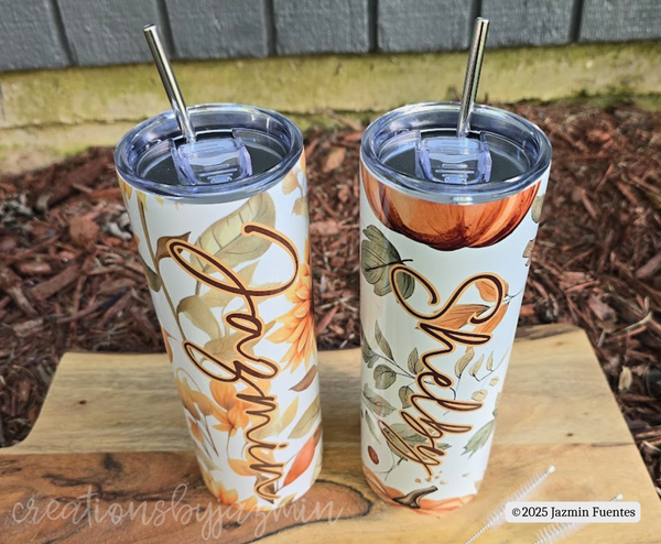 Personalized Fall Tumbler 20oz – Custom Name Pumpkin Leaf Sublimated Mug – Autumn Sunflower Coffee Travel Cup Gift
