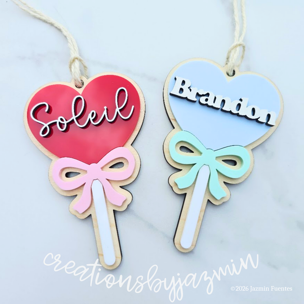 Valentine's Day Basket Tag, Personalized Name Gift Tag, Heart Lollipop
