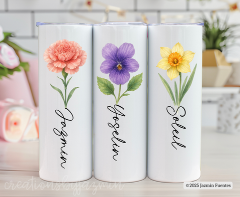 Personalized Birth Flower Tumbler – Custom Name Floral Cup – 20oz Sublimated Insulated Coffee Travel Cup Gift