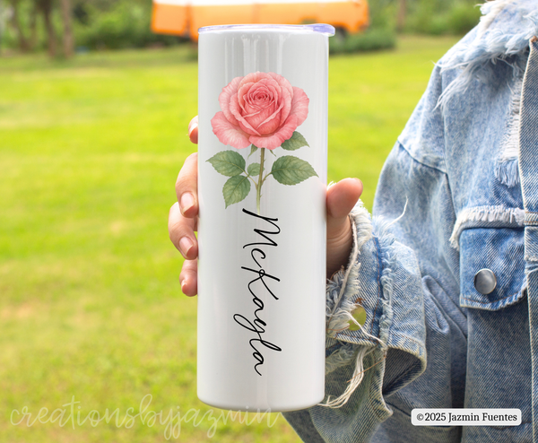 Personalized Birth Flower Tumbler – Custom Name Floral Cup – 20oz Sublimated Insulated Coffee Travel Cup Gift