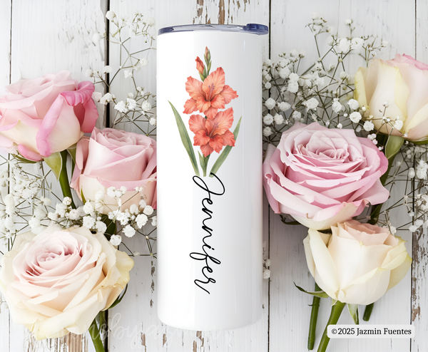 Personalized Birth Flower Tumbler – Custom Name Floral Cup – 20oz Sublimated Insulated Coffee Travel Cup Gift