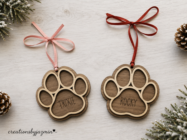 Pet Ornament, Dog Christmas Ornaments, Cat Xmas Wooden Ornament, Paw Print Wood Ornament With Name