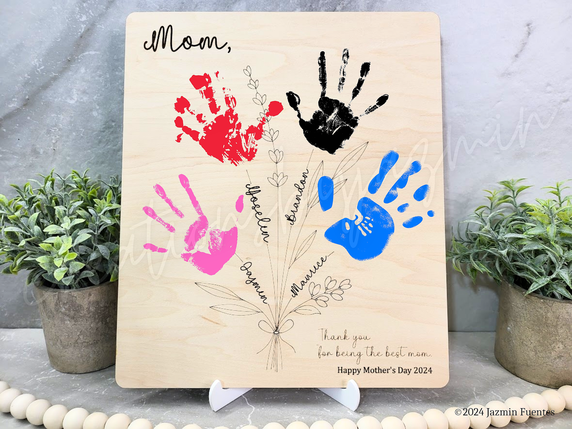 Mother's Day Kids Handprint Sign, Mother's Day Gift, Personalized Gift for Mom, Flower Bouquet Sign, For Grandma