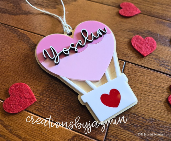 Valentine's Day Basket Tag, Personalized Name Gift Tag, Heart Air Balloon