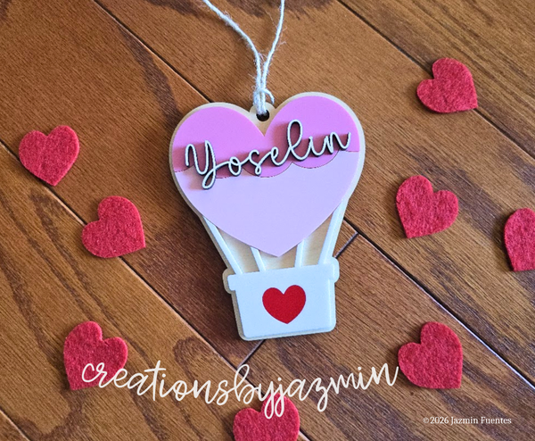 Valentine's Day Basket Tag, Personalized Name Gift Tag, Heart Air Balloon