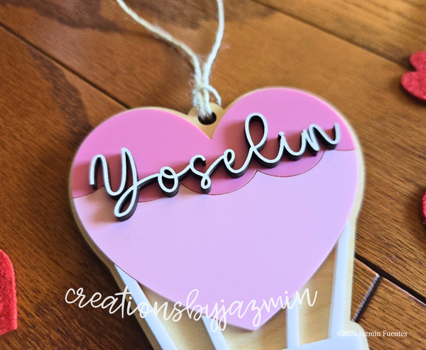Valentine's Day Basket Tag, Personalized Name Gift Tag, Heart Air Balloon