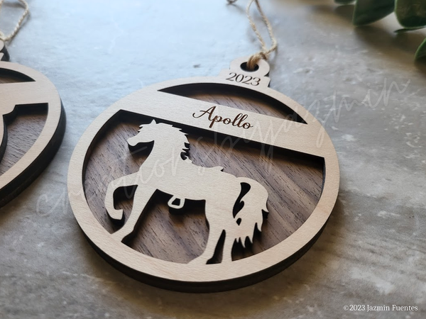 Personalized Horse Ornament, Custom Wood Christmas Horseshoe Name Ornament