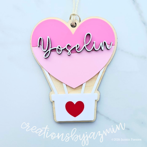 Valentine's Day Basket Tag, Personalized Name Gift Tag, Heart Air Balloon