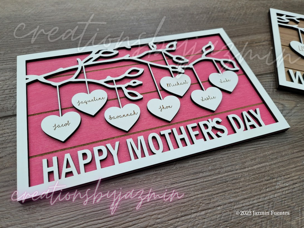 Mother's Day Frame, Personalized Hanging Hearts Name Sign, Gift For Mom, With Children Names, Wooden Family Tree