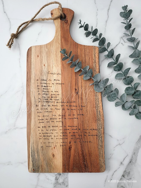 Personalized Engraved Handwritten Recipe Cutting Board, Acacia Live Edge Wood, Mother's Handwriting, Grandmother's Recipes