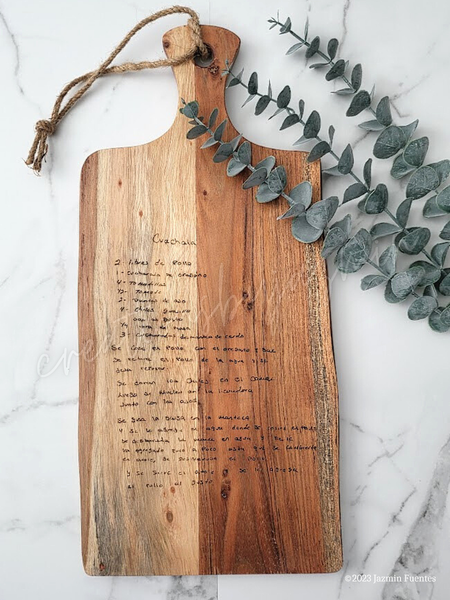 Personalized Engraved Handwritten Recipe Cutting Board, Acacia Live Edge Wood, Mother's Handwriting, Grandmother's Recipes