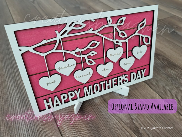 Mother's Day Frame, Personalized Hanging Hearts Name Sign, Gift For Mom, With Children Names, Wooden Family Tree